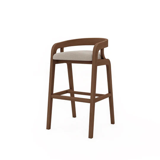 Wooden bar stool with a white cushion on a white background