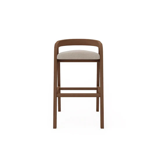 Wooden bar stool with a cushioned seat on a white background