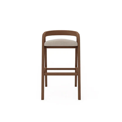 Wooden bar stool with a cushioned seat on a white background