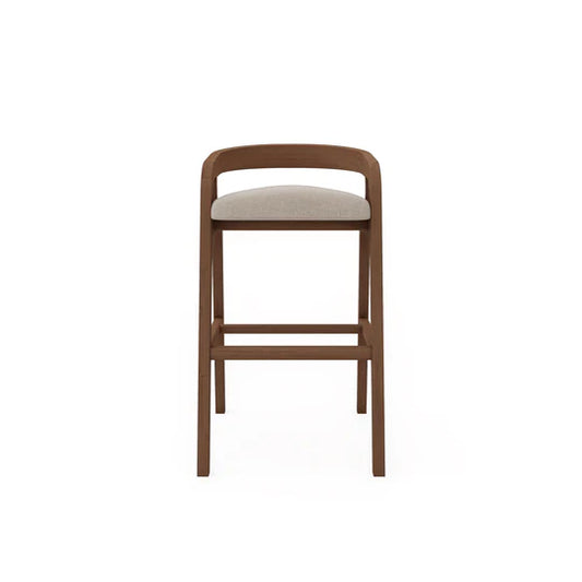 Wooden bar stool with a cushioned seat on a white background