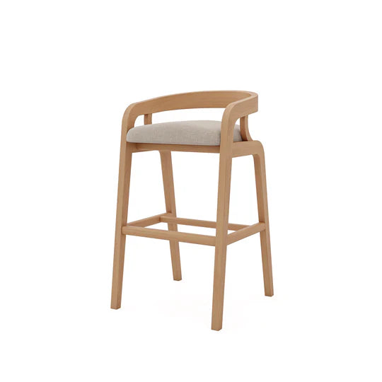 Wooden bar stool with a beige cushion on a white background
