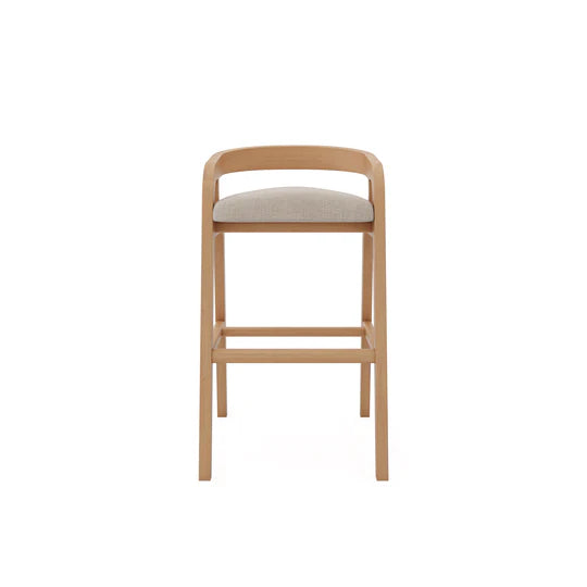 Wooden bar stool with a cushioned seat on a white background