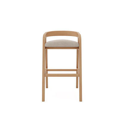 Wooden bar stool with a cushioned seat on a white background