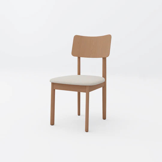 Wooden chair with a white cushion on a light gray background