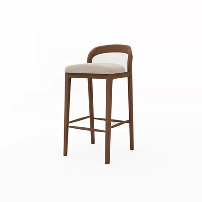 Bar stool with wooden frame and beige cushion on a white background