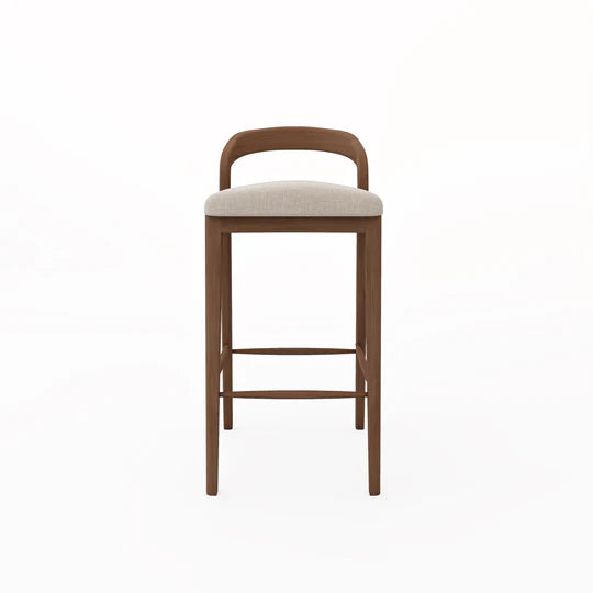 Wooden bar stool with a beige cushion on a white background