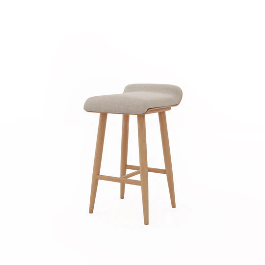 Bar stool with beige cushioned seat and wooden legs on a white background