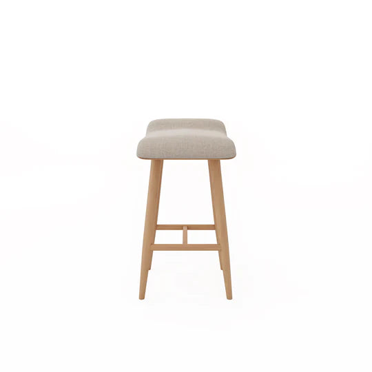 Bar stool with beige cushioned seat and wooden legs on a white background