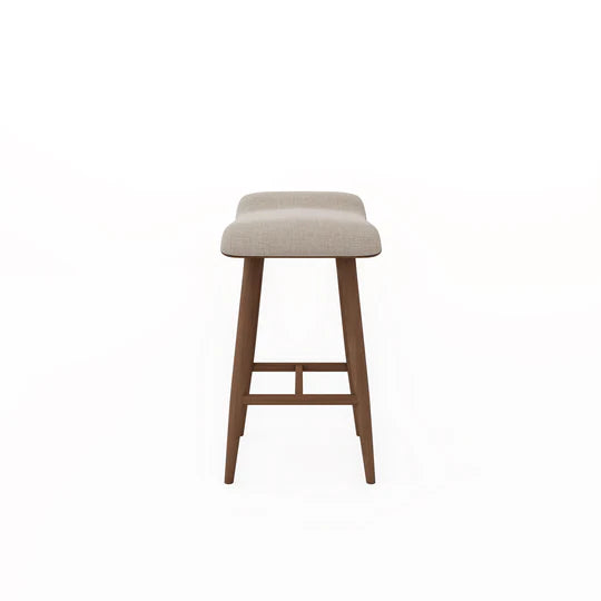 Bar stool with beige cushioned seat and wooden legs on a white background
