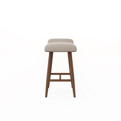 Bar stool with beige cushioned seat and wooden legs on a white background